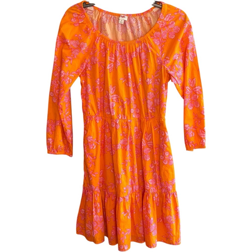 J. Crew orange pink boho Birds of Paradise off shoulder tiered dress Sz 2